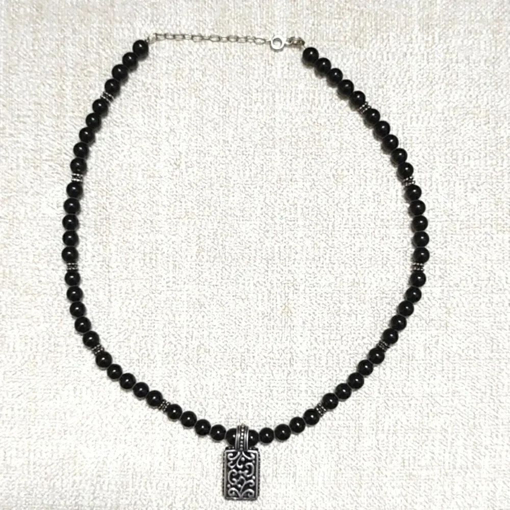 Black Bead and Silver Scroll Pendant Necklace 16" with 2" Extender